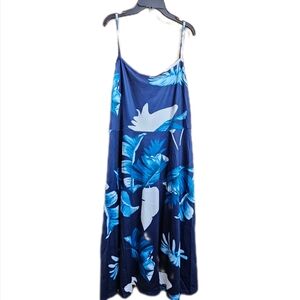 Womens Navy Blue Monstera Palm Leaf Spraghetti Strap Midi Dress XXL XL NWOT